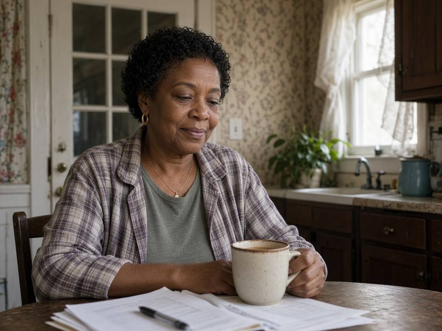 A Black woman at her kitchen table with coffee, reviewing paperwork about her home
